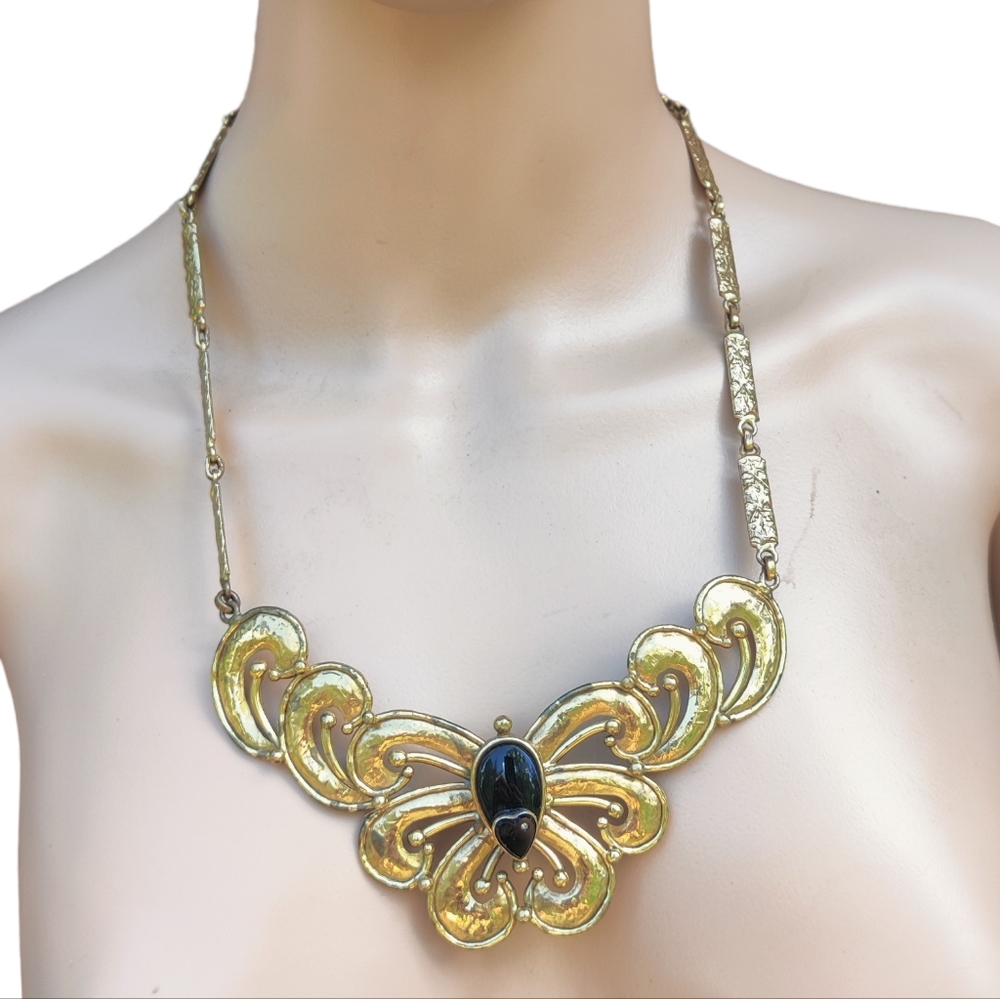 Antique huge brass ornate onyx butterfly necklace